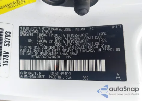 2012 Toyota Sienna Le V6 8 Passenger z USA, uszkodzony, nr VIN 5TDKK3DC2CS218290